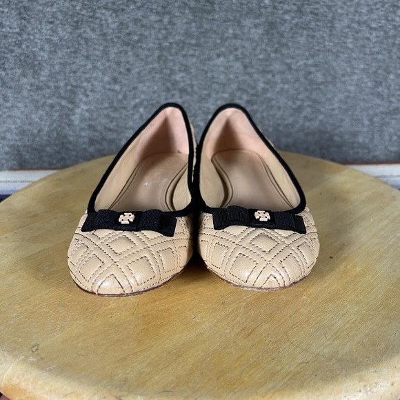 Tory Burch Minnie Ballet Flats Womens Size 7.5M Beige Black Leather Shoes - Picture 3 of 10